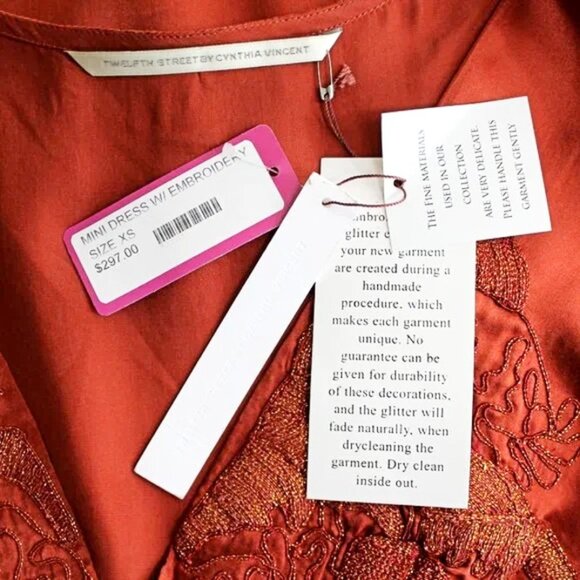 Cynthia Vincent Rust Silk Mini Dress Embroidered V-Neck Bell Sleeve NWT XS $297 - Picture 6 of 6